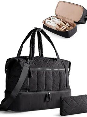 Quilted Travel Duffel Bag Weekender - Lightweight Taslan, Shoe Compartment,